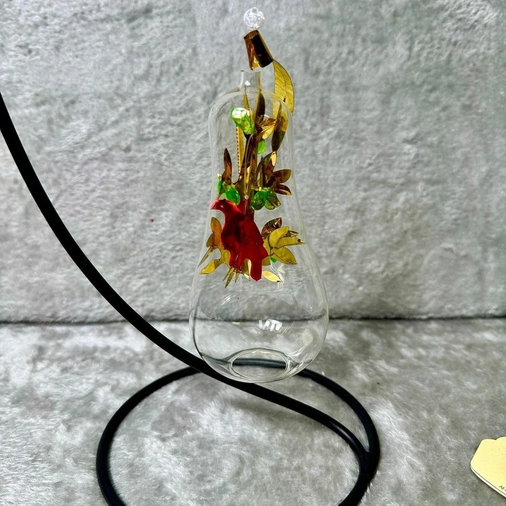 Vintage Blown Glass Teardrop Ornament Red Bird Wire Angels Gold Foil‎ Leaves MCM